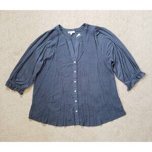 Democracy Women's Long Sleeves Rayon Shirt Flowy Embroidered V-Neck Gray Size 1X